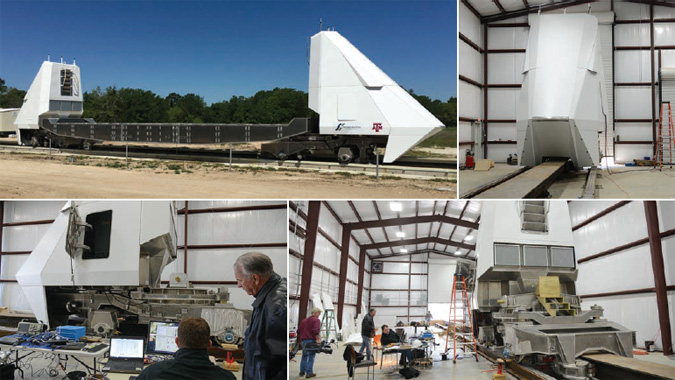 photo collage: (top left) FSS on test track; (top right) FSS inside building of the Test and Evaluation Center; (bottom left and right) researchers evaluating the FSS inside a building of the Test and Evaluation Center