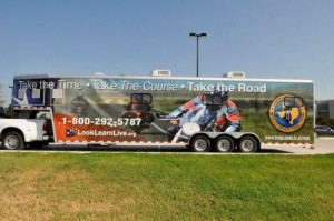 The mobile motorcycle training unit for LookLearn Live motorcycle safety campaign.