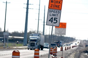 Signs in a work zone.