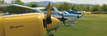 photograph of several small propeller airplanes parked in a grassy field