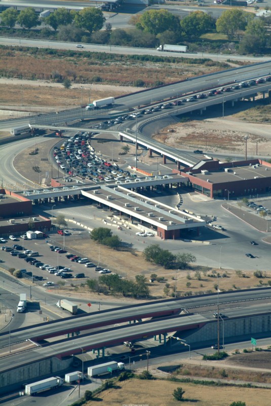 Aerial view of U.S.-Mexico border crossing station.