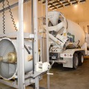 Concrete truck inside TTI's environmental and emissions research lab.