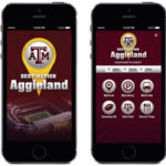 Screen shot of iPhones displaying Destination Aggieland app