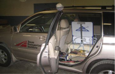 A vehicle with Texas Transportation Institute branding shows scientific equipment and cables installed in the rear passenger area.