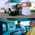 Top photo, a ground-penetrating radar (GPR) antenna mounted to the front of a TTI van. Bottom photo, interior of the same van showing the testing equipment associated with the GPR antenna.