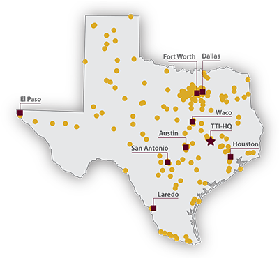 Map showing TTI's Texas office locations and statewide presence.