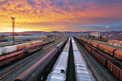 trainyard at sunset