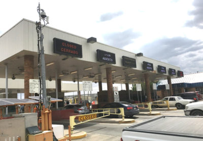 The portable trailer is located to the left of the seven lanes operated at the Zaragoza/Ysleta land port of entry's toll facility.