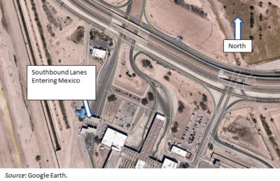 Aerial photograph of the Zaragoza/Ysleta land port of entry identifying the southbound lanes entering Mexico