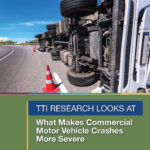 TTI research looks at: What makes commercial motor vehicle crashes more severe | photo: semi-truck crashes on its side on a road.