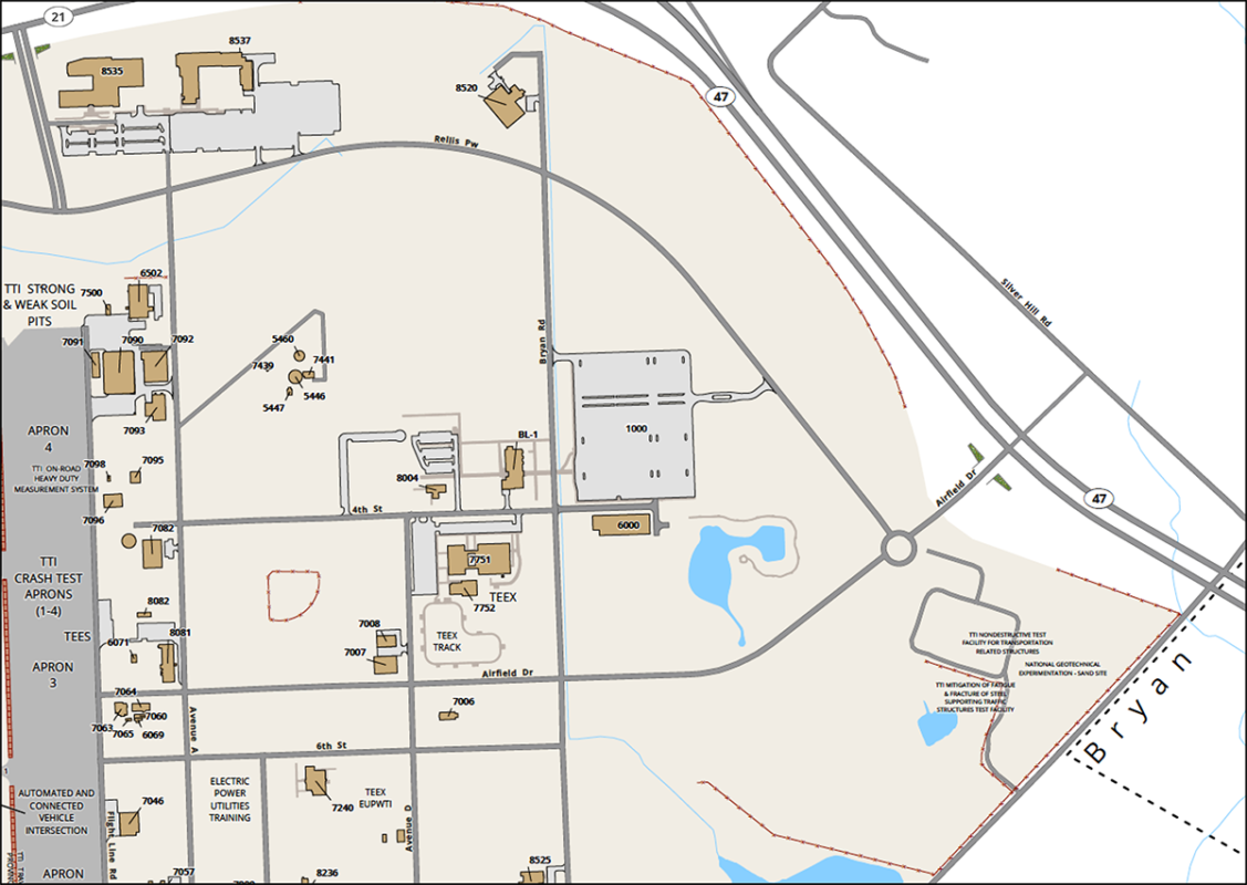 Map to the TEEX Institute for Law Enforcement & Protective Services Excellence in Building 7751 of RELLIS Campus.