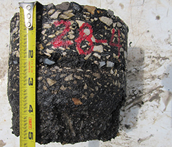 moisture damage in a core sample of subsurface hot-mix asphalt