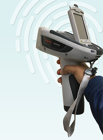 A handheld x-ray fluorescence (XRF) instrument.