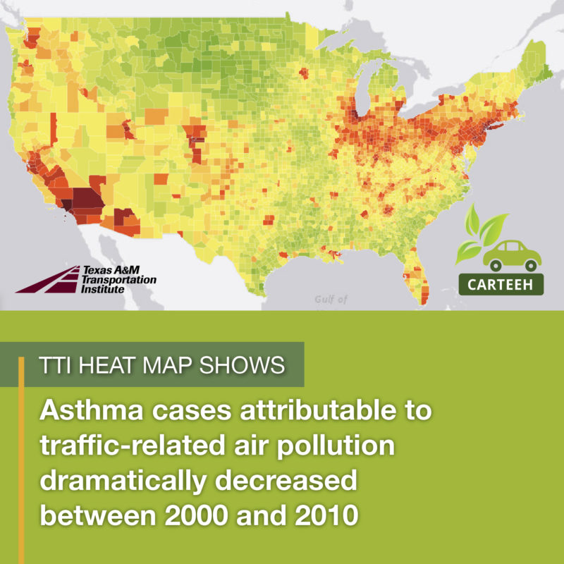 Heat map showing asthma cases attributable to traffic-related air pollution dramatically decreassing between 2000 and 2010. 