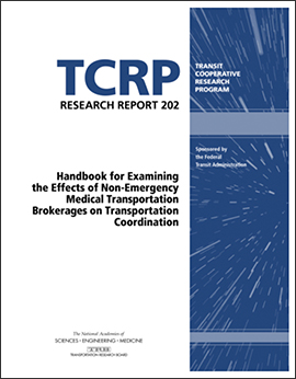 Cover from TCRP Research Report 202 – Handbook for Examining the Effects of Non-Emergency Medical Transportation Brokerages on Transportation Coordination.