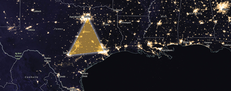 Satellite photograph of the southern portion of the U.S. at nighttime with the Texas Triangle of Dallas, Houston and San Antonio highlighted.