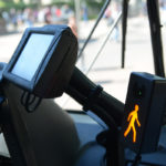 Connected and automated vehicle technology installed on a transit bus to warn the driver of pedestrians nearby.