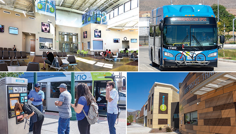 Collage of photographs of El Paso's Sun Metro buses, bus stops, and stations.