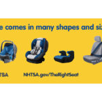 Child Safety Seat Week graphic. Text: Love comes in many sizes. Graphic: picture of different sized child safety seats.