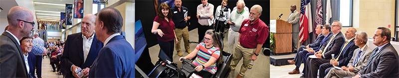 Photographs taken during the ribbon-cutting ceremony for the new TTI headquarters building.  The image includes people visiting during the event, the Driving Simulator, and a view of the people invited to speak at the event.