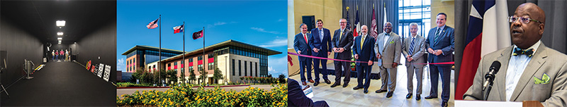 Photographs taken during the ribbon-cutting ceremony for the new TTI headquarters building.  The image includes the Visibility Lab, the exterior of the TTI Headquarters building, the ribbon cutting, and Greg Winfree speaking during the event.