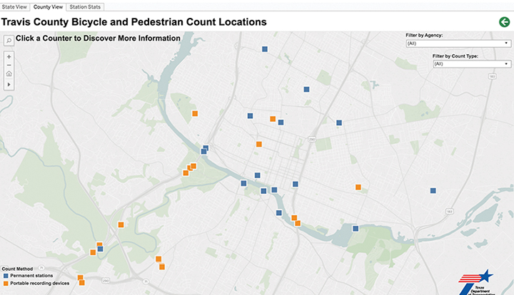 Screenshot from the visualization tool displaying the Travis County bicycle and pedestrian count locations on a map.