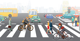 Illustration of a busy urban roadway intersection with cars, buses, pedestrians, and bicyclists.