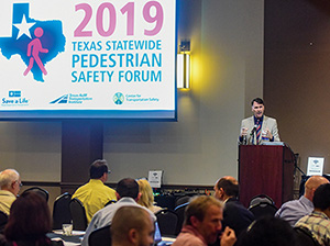 Michael Manser addressing the audience during the 2019 Texas Pedestrian Safety Forum.
