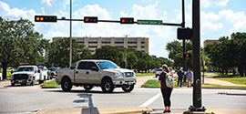 Roadway intersection with crosswalks.