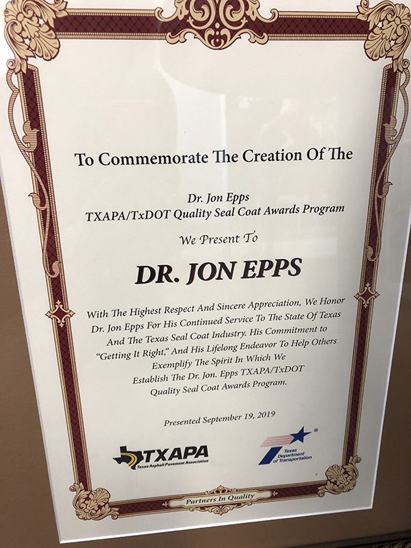 Certificate commemorating the creation of the Dr. Jon Epps TXAPA/TxDOT Quality Seal Coat Awards Program.