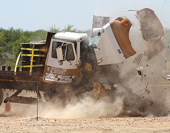 Safety barrier crash test performed at TTI's Proving Grounds.