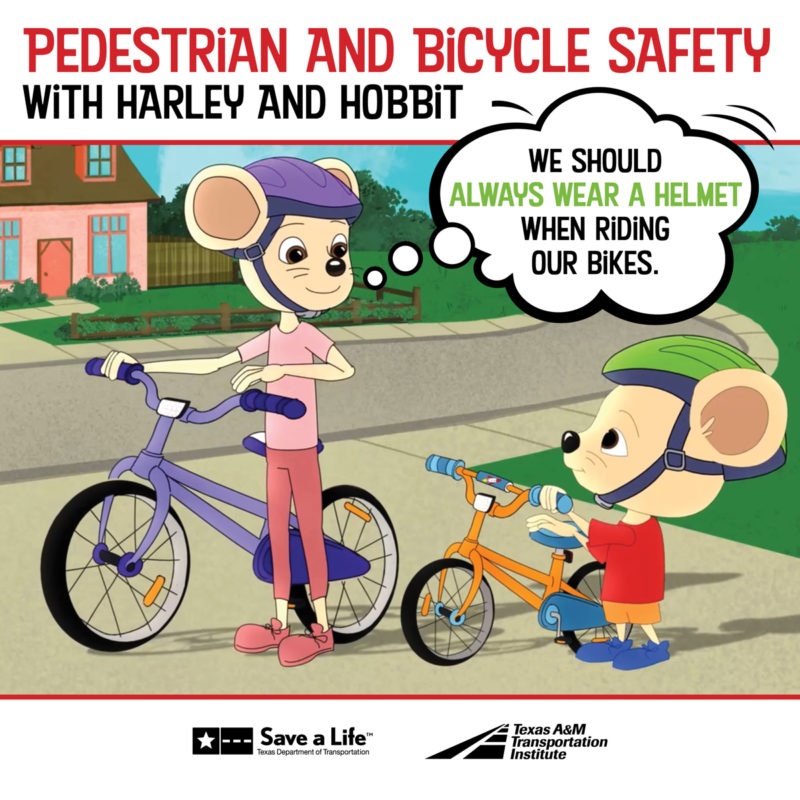 Pedestrian and bicycle safety with Harley and Hobbit. Image: Cartoon mice characters.