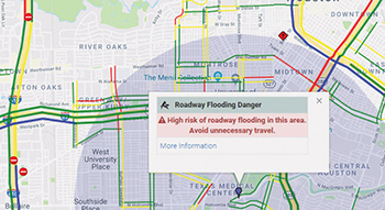 Screenshot from the innovative real-time flood-warning system tool co-developed by TTI, Houston TranStar, the Harris County Flood Control District, and the Texas Department of Transportation.