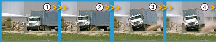 Sequential photos showing the approach and impact of an 18-wheeler into a concrete barrier crash test.