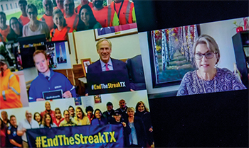 Right to left: photo collage of people displaying the words '#EndTheStreakTX'; Laura Ryan speaking virtually.