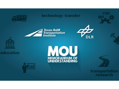 Logos: Texas A&M Transporation Institute and DLR. Text: Memorandum of Understanding. Background image: graphics of transportation modes.