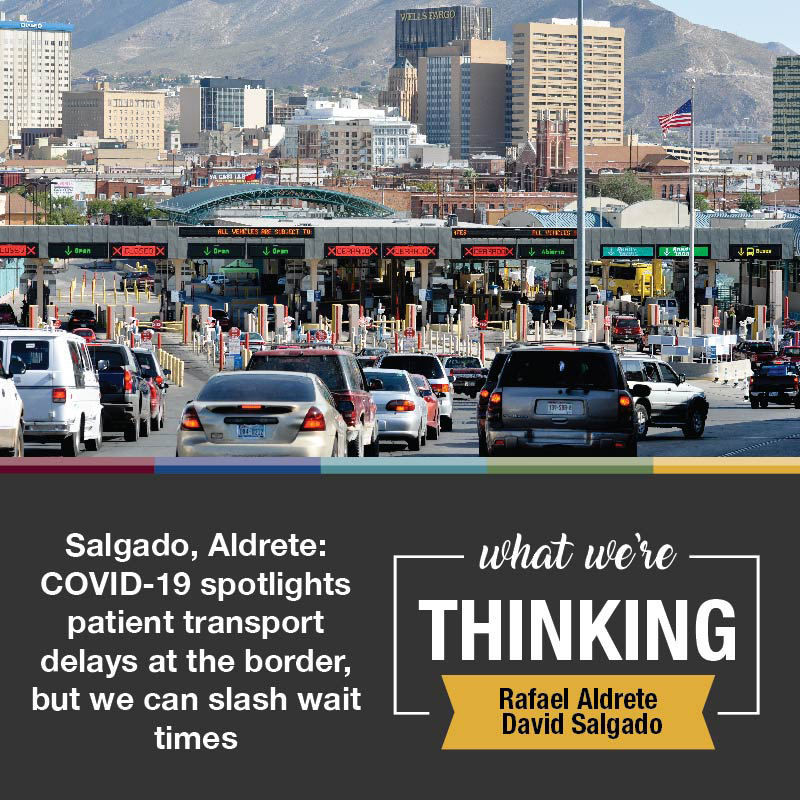 COVID-19 spotlights patient transport delays at the border, but we can slash wait times. What We're Thinking by Rafael Aldrete and David Salgado. Image: cars waiting at a border crossing.