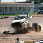 A large truck crashing into a bollard during a test at the Texas A&M Transportation Institute.