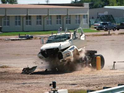 A large truck crashing into a bollard during a test at the Texas A&M Transportation Institute.