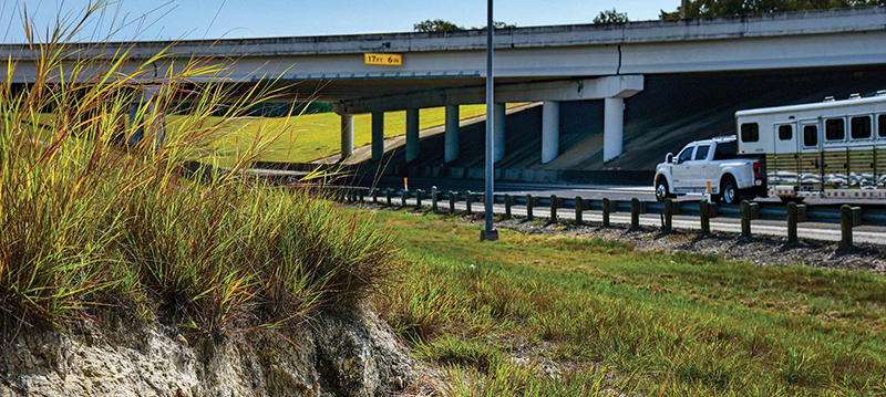 Photo showing erosion of the ground along the side of a highway.