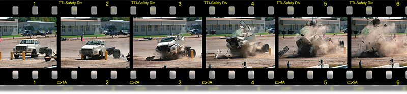 Series of photos taken during a bollard crash test performed at the TTI Proving Grounds. 