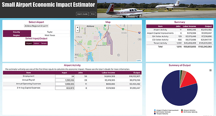 Screenshot from the Small Airport Economic Impact Estimator web tool.