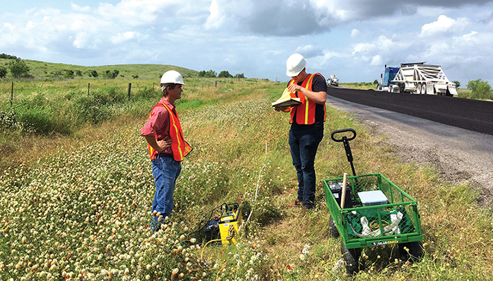 Researchers performing an ERT scan at the highway maintenance project at FM-696 near Elgin, Texas.