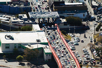Aerial view of the congestion at a border crossing.