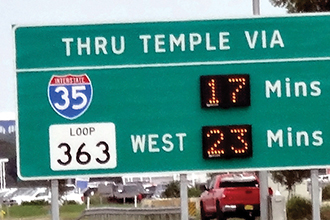 Highway signage with dynamic travel time displayed.