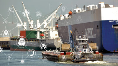 Illustration of a blockchain network overlaying a photograph of a tank barge, cargo ship and car carrier in Port Houston.
