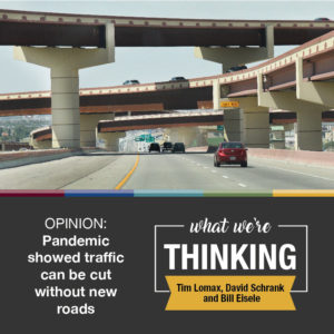 Light traffic on a highway interchange.  Story graphic for 'What We're Thinking' article: Pandemic Showed Traffic Can Be Cut Without New Roads.