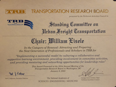 Transportation Research Board certificated awarded to Bill Eisele.