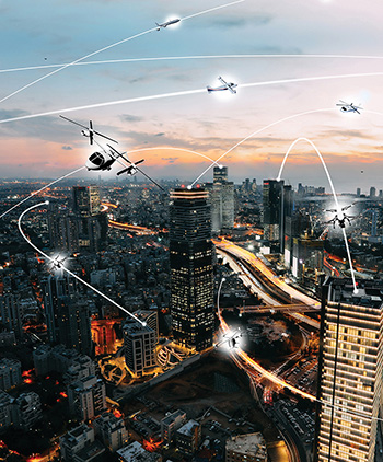 Artist’s conception of an urban air mobility environment.