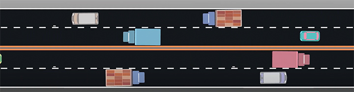 Overhead illustration of a 4-lane undivided highway with a centerline stripe.